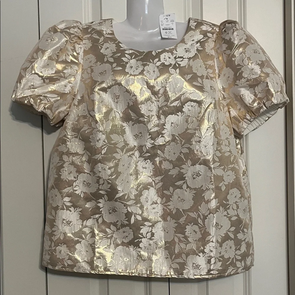 J. Crew Jacquard Puff Sleeve Ivory Gold Metallic Floral Boxy Blouse Top S NEW